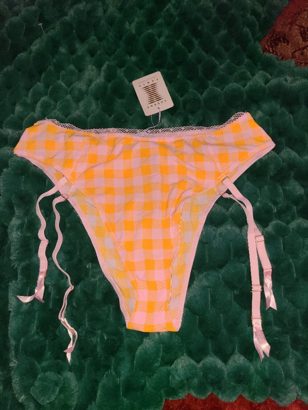 NWT Savage X Fenty Gingham Remix High Waist Cheeky Garter SZ 2X Orange Pink
